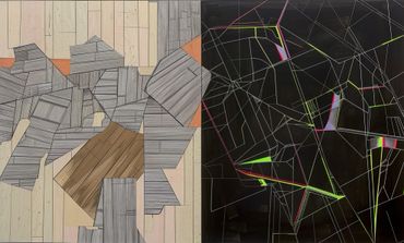 Contrastes Geométricos” es una obra que juega con formas y colores en dos secciones contrastantes. La parte izquierda presenta un collage de texturas de madera en tonos tierra y neutros, mientras la parte derecha muestra un diseño abstracto de líneas y colores fluorescentes sobre un fondo oscuro.