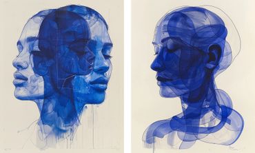 retrato abstracto, arte en azul, capas y transparencias, arte contemporáneo, decoración moderna, intensidad emocional, sofisticación, diseño audaz.