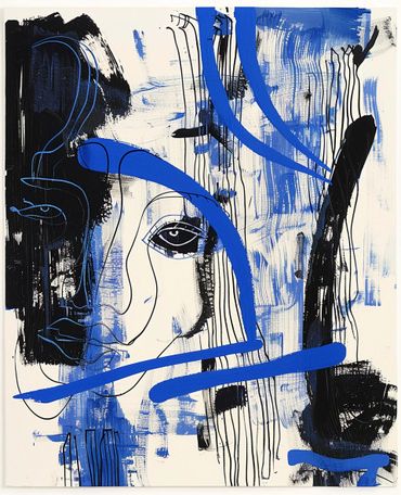 retrato abstracto, arte en azul, capas y transparencias, arte contemporáneo, decoración moderna, intensidad emocional, sofisticación, diseño audaz.