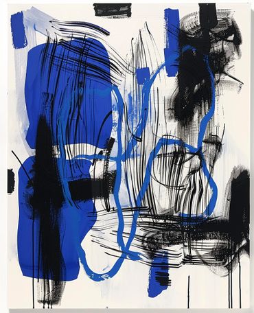 retrato abstracto, arte en azul, capas y transparencias, arte contemporáneo, decoración moderna, intensidad emocional, sofisticación, diseño audaz.