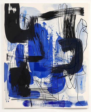 retrato abstracto, arte en azul, capas y transparencias, arte contemporáneo, decoración moderna, intensidad emocional, sofisticación, diseño audaz.