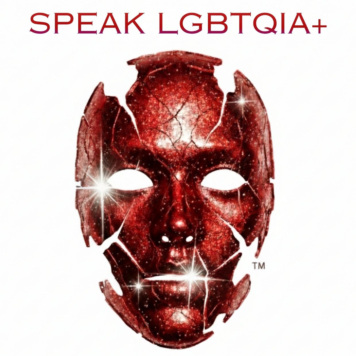 Shattered red mask with sparkling cracks and LGBTQIA+ text above.