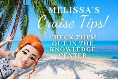 Melissa shares cruise tips with a tropical beach backdrop.