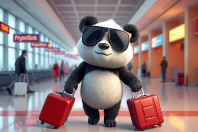 Cool panda with sunglasses and luggage at the airport.