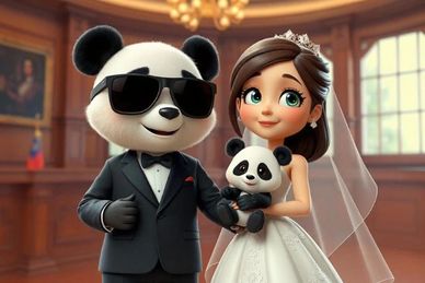 Animated panda couple in wedding attire with a baby panda toy.