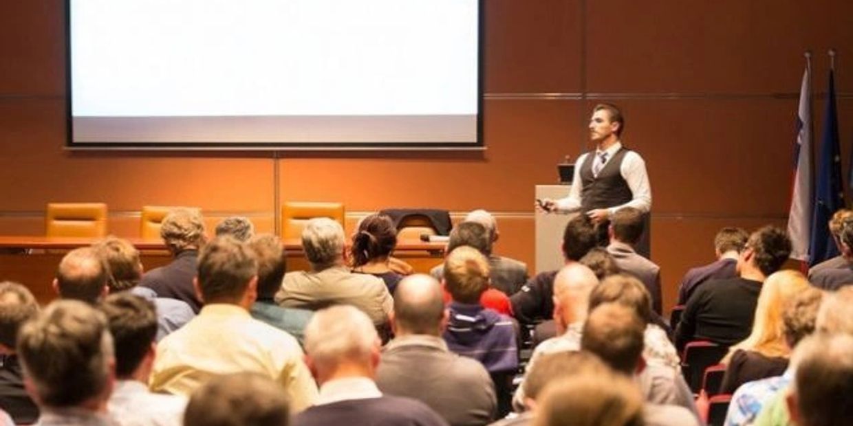 Man giving a presentation to an audience in a conference room.