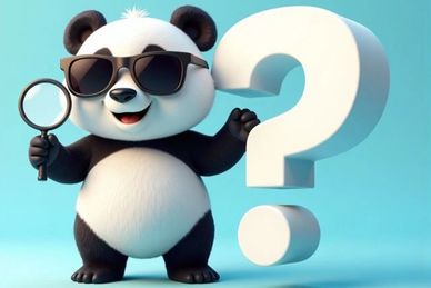Cartoon panda with sunglasses and magnifying glass beside a question mark.