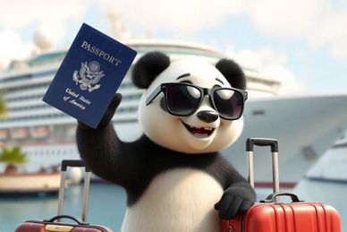 Animated panda with suitcase holding a U.S. passport.