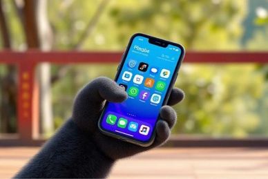 A furry black paw holding a smartphone.