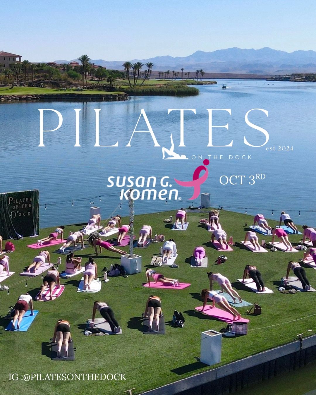 Outdoor Pilates class by the water with Susan G. Komen event on Oct 3rd.