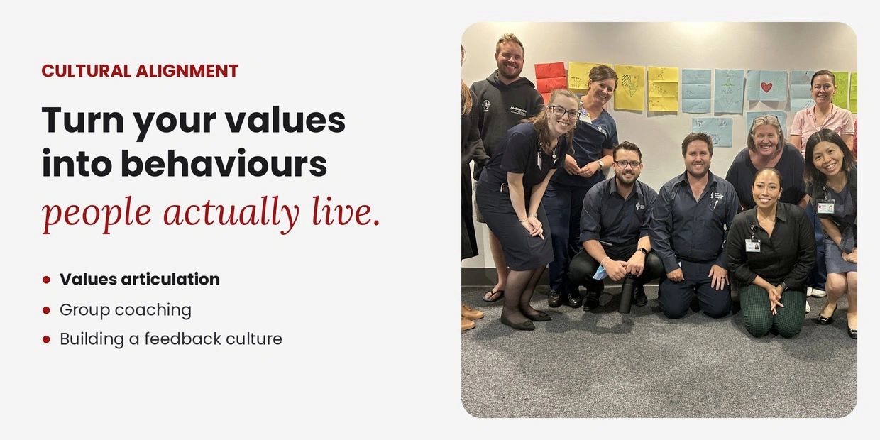 Team photo with text on cultural alignment and values.