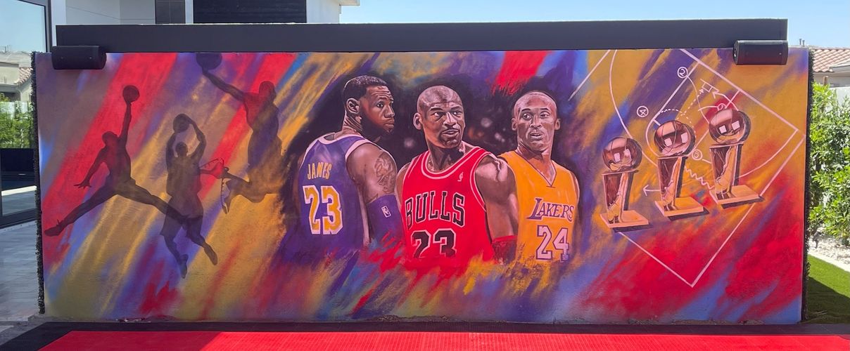 Jordan, Labron, and Kobe mural in a backyard