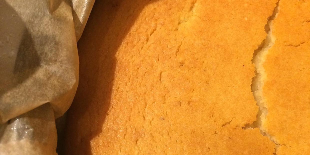 Golden brown gluten free butterbean and almond cake rich in protein