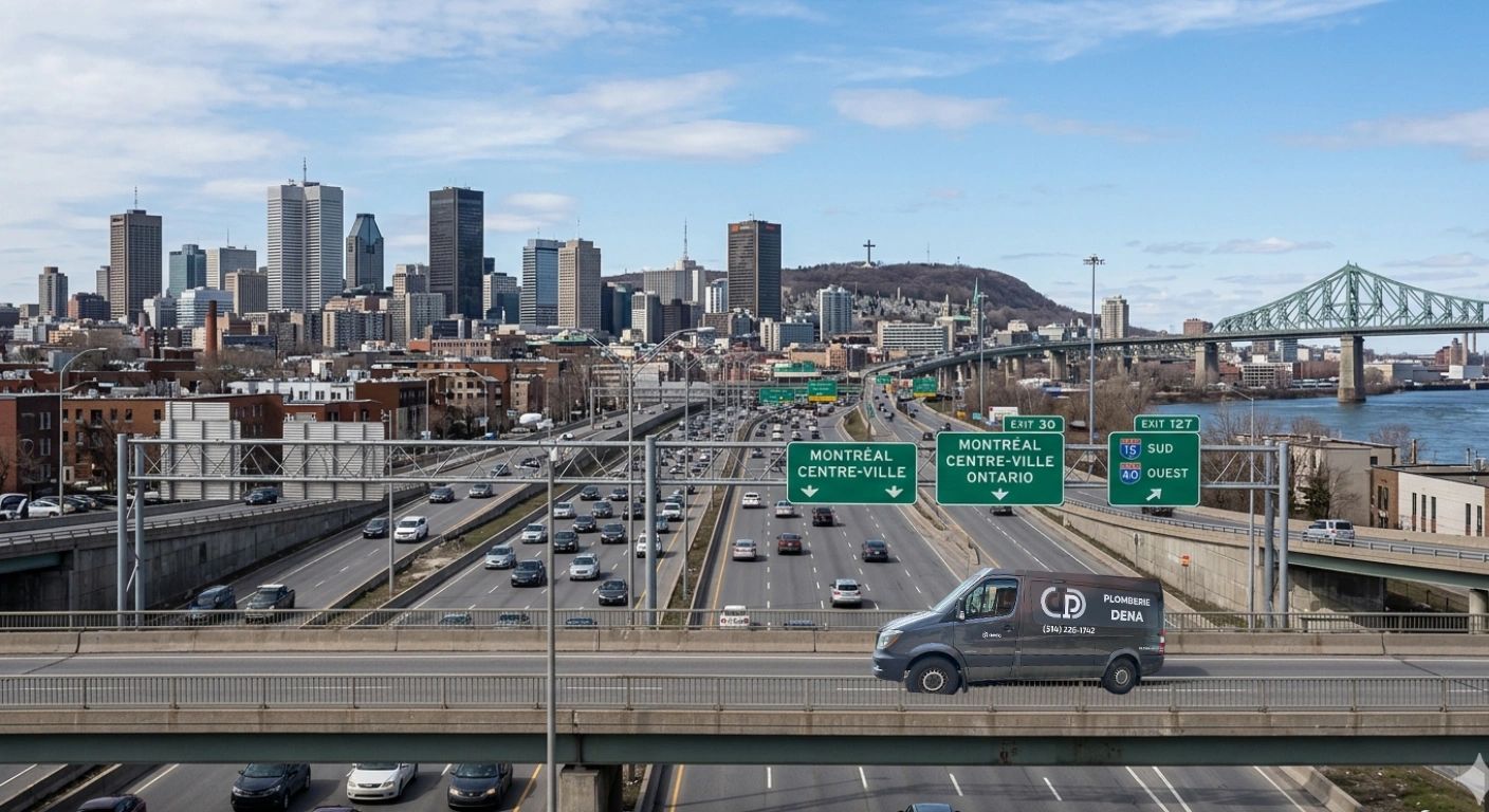 Busy highway with Montreal city skyline and traffic signs in view.