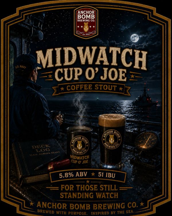 Midwatch Cup O' Joe is a rich coffee stout inspired by late-night watches, sea stories, and strong c