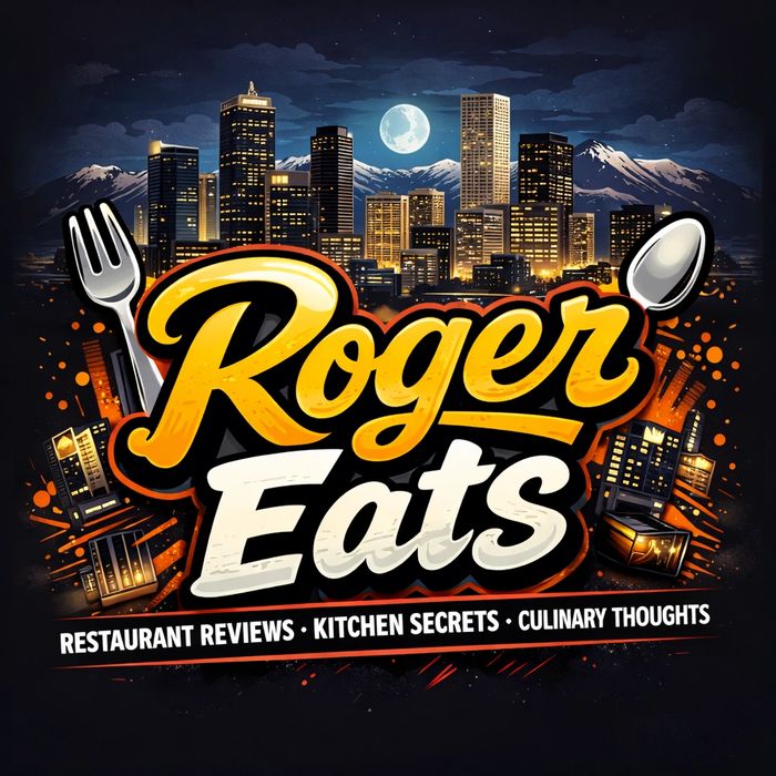 Roger Eats logo with city skyline, fork, and spoon, highlighting restaurant reviews and culinary secrets.