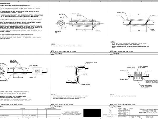 Technical drawings showing heat trace cable installations in various pipe configurations.