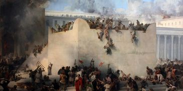 Ancient battle scene with soldiers scaling a fortress wall amidst chaos and smoke.