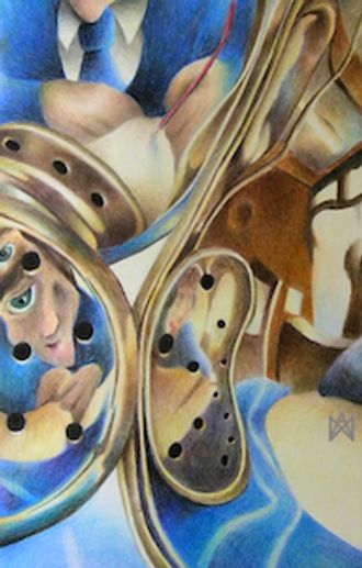 Surreal distorted self portrait coloured pencil drawing with multiple faces reflected in brass pans