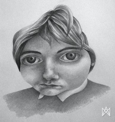 Distorted self-portrait graphite drawing of the artist Miranda Whitten-Walker as a teenager