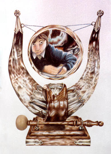 Coloured pencil drawing of a gong with distorted self portrait reflection