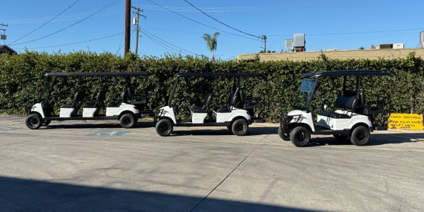 Three white golf carts lined up on a sunny day with greenery in the background.