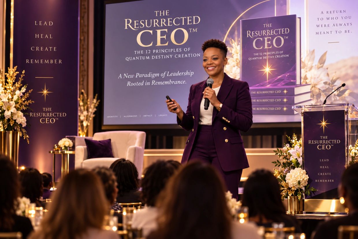 Speaker presenting 'The Resurrected CEO' leadership seminar.