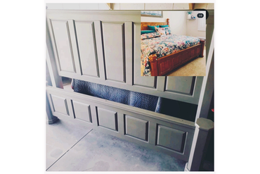 Before and after images of a wooden bed frame being painted gray from its original brown color.