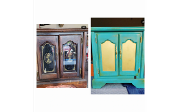 Before and after photo of a cabinet makeover.