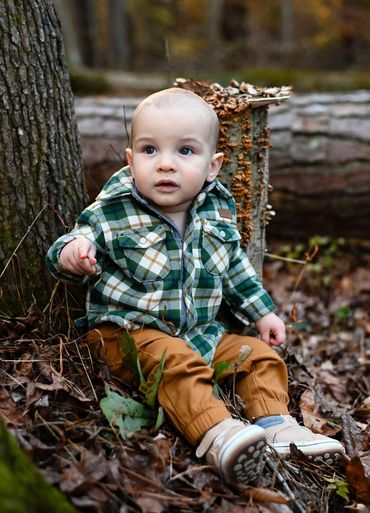 A baby in a green plaid jacket sitting among autumn leaves outdoors.