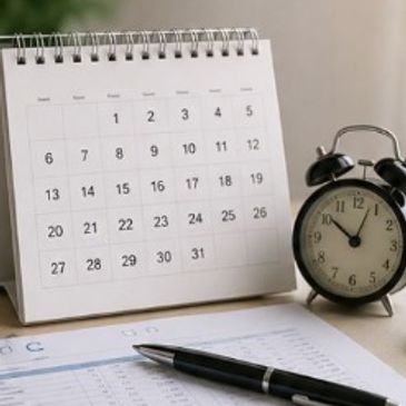 Calendario, reloj y bolígrafo sobre escritorio.