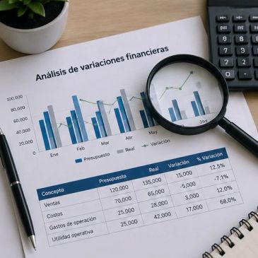 Análisis financiero con gráficos y tabla de variaciones.