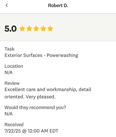 5-star review for powerwashing with excellent care and detail.