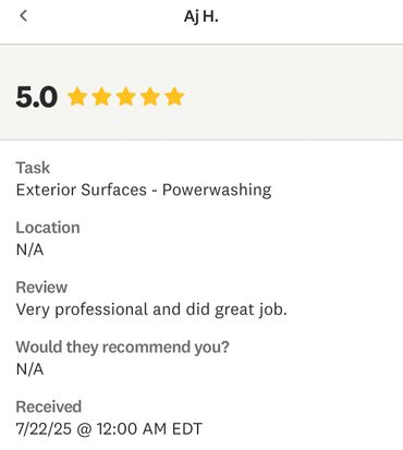 5-star review for professional powerwashing service.