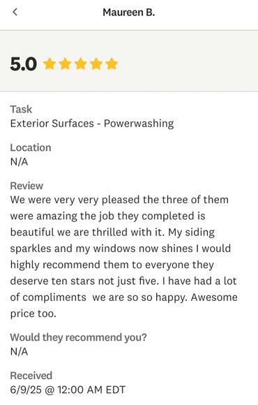 Five-star review praising excellent powerwashing job and great price.