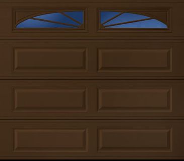 Garage door with long panels and Sunray pattern windows