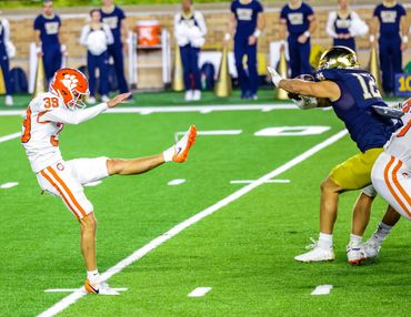 Blocked punt by Notre Dame defence against Clemson punter at ND stadium Nov 2022