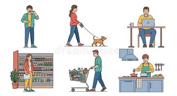 Daily life activities illustration with people walking, shopping, cooking, and working.