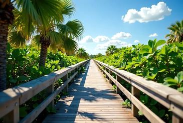 Wooden boardwalk surrounded by lush greenery.