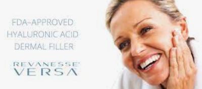 Image of a smiling women with the text FDA-Approved Hyaluronic acid dermal filler, Revanesse Versa