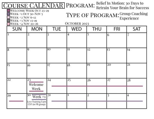 October 2023 course calendar for a 30-day brain retraining coaching program.