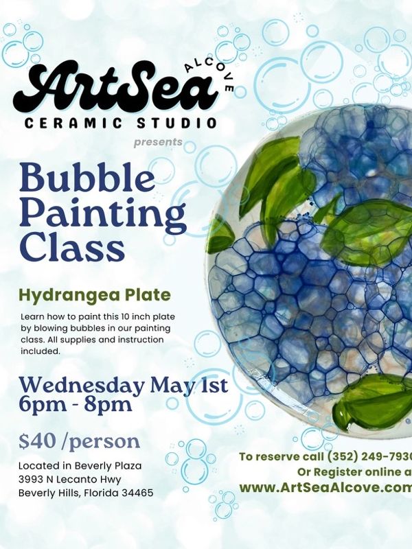 ArtSea Alcove Ceramic Studio Bubble Painting Class Hydrangea Plate