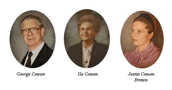 Portraits of George Cowan, Ila Cowan, and Joann Cowan Brown in oval frames.