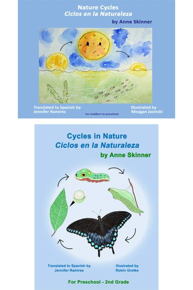 Two bilingual educational covers about nature cycles for young children.