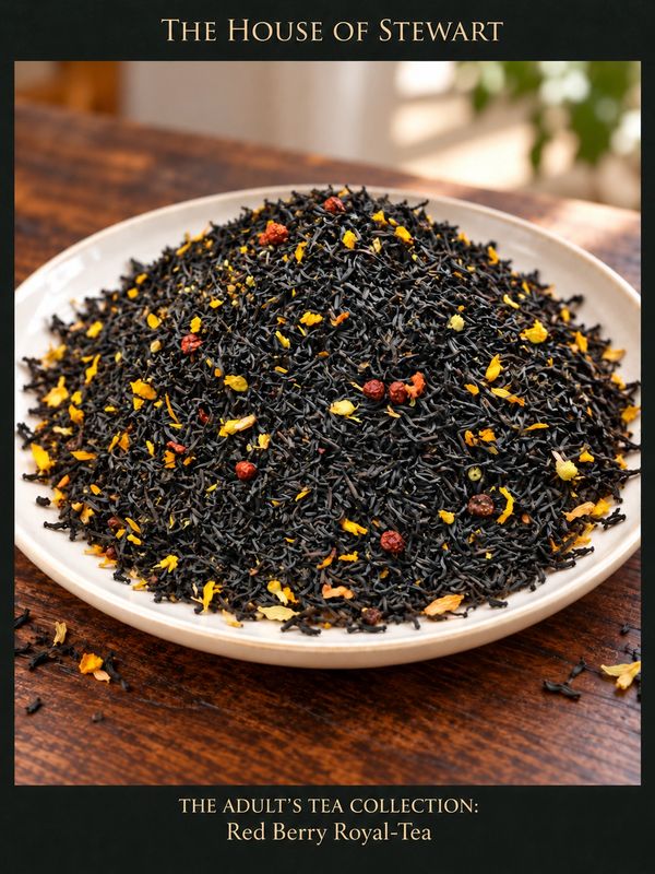 Close-up of Red Berry Royal-Tea blend with black tea and colorful dried berries.