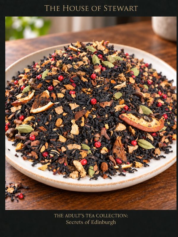 A plate of loose tea blend with spices and dried fruits.