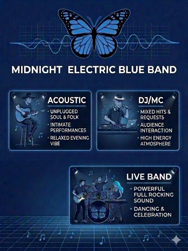 Midnight Electric Blue Band offers acoustic, DJ/MC, and live band music styles.