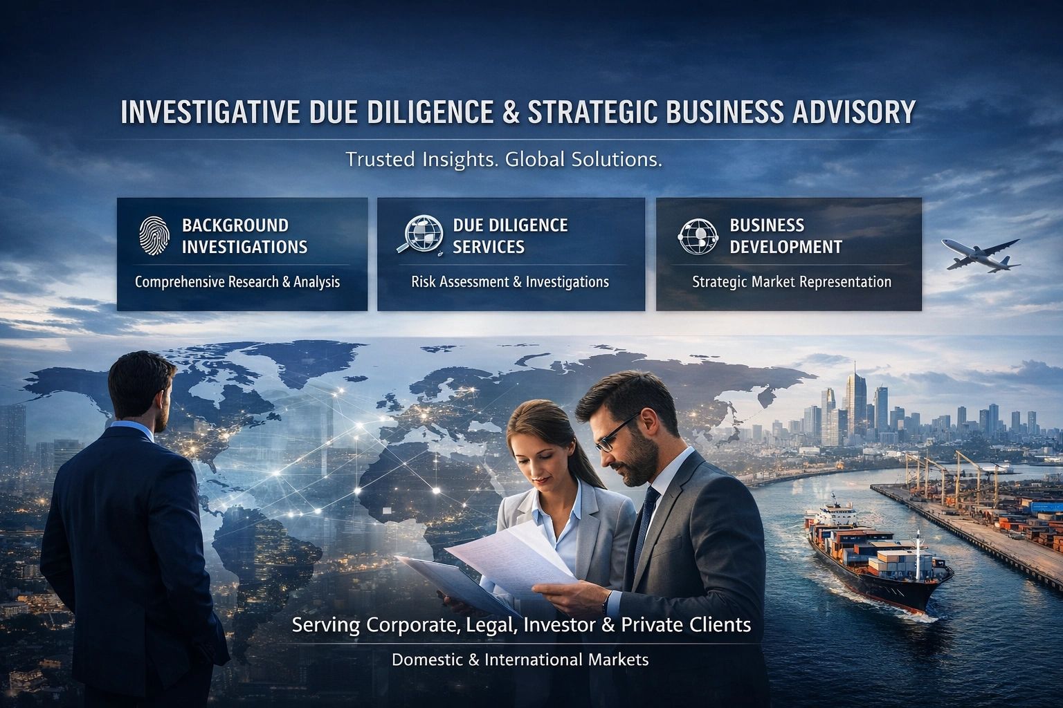 Business professionals review documents with a global city and shipping port background.