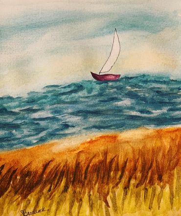 Watercolor ocean scene with tall, brownish green grass in front. Small boat with sail in ocean.