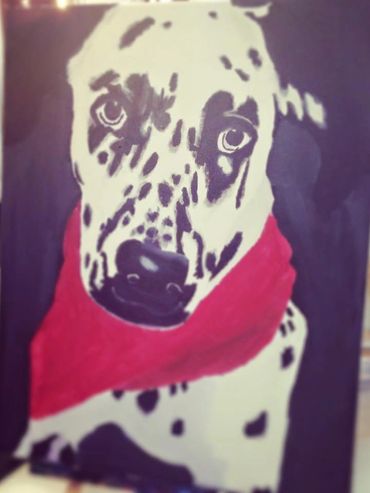 Painting of artist Summer Braddock's spotted dalmatian, Leela. Black background, red handkerchief.